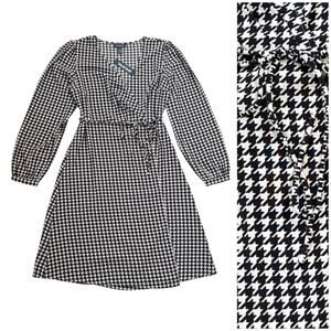 ModCloth Wrap Dress NWT Women M Black White Houndstooth Long Sleeve Retro Work